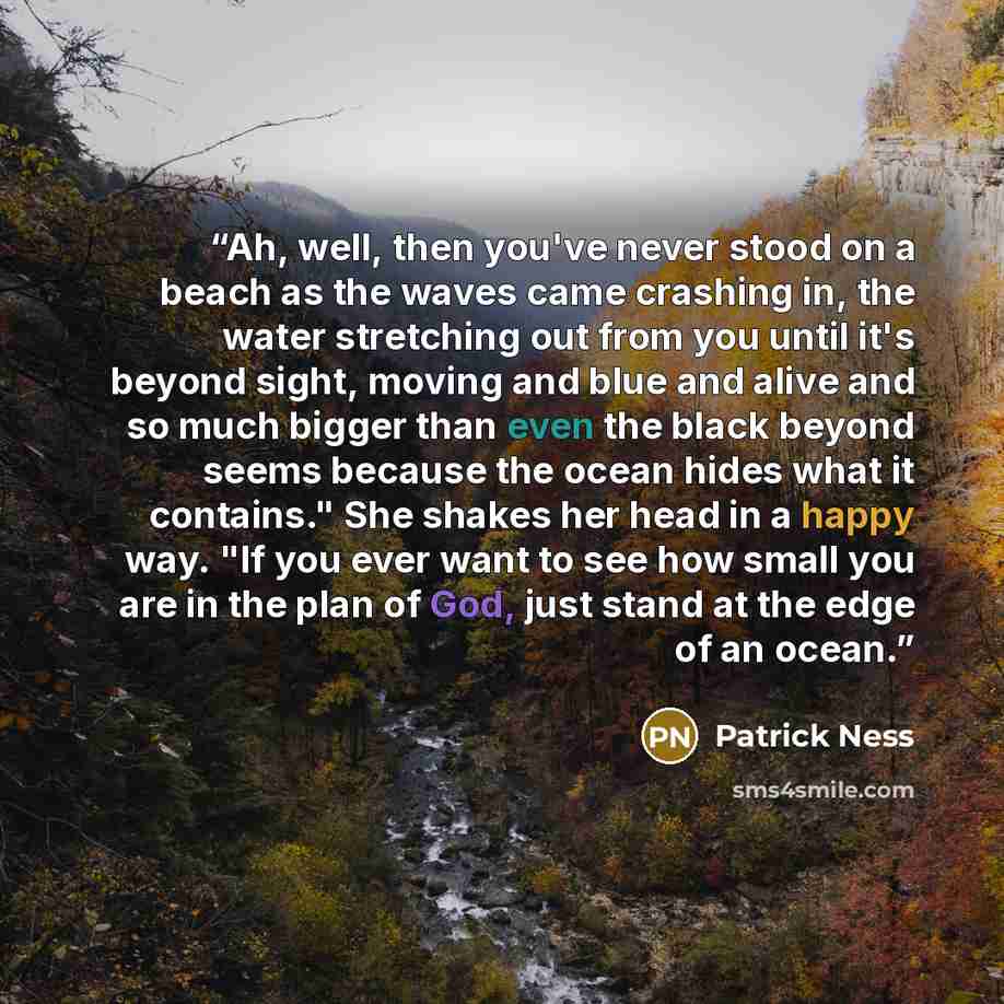 “Ah, well, then you've never stood on a beach as the waves came crashing in, the water stretching out from you until it's beyond sight, moving and blue and alive and so much bigger than even the black beyond seems because the ocean hides what it contains." She shakes her head in a happy way. "If…” quote by Patrick Ness