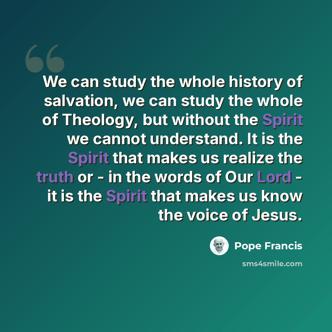 “We can study the whole history of salvation, we can study the whole of Theology, but without the Spirit we cannot understand. It is the Spirit that makes us realize the truth or - in the words of Our Lord - it is the Spirit that makes us know the voice of Jesus.” quote by Pope Francis