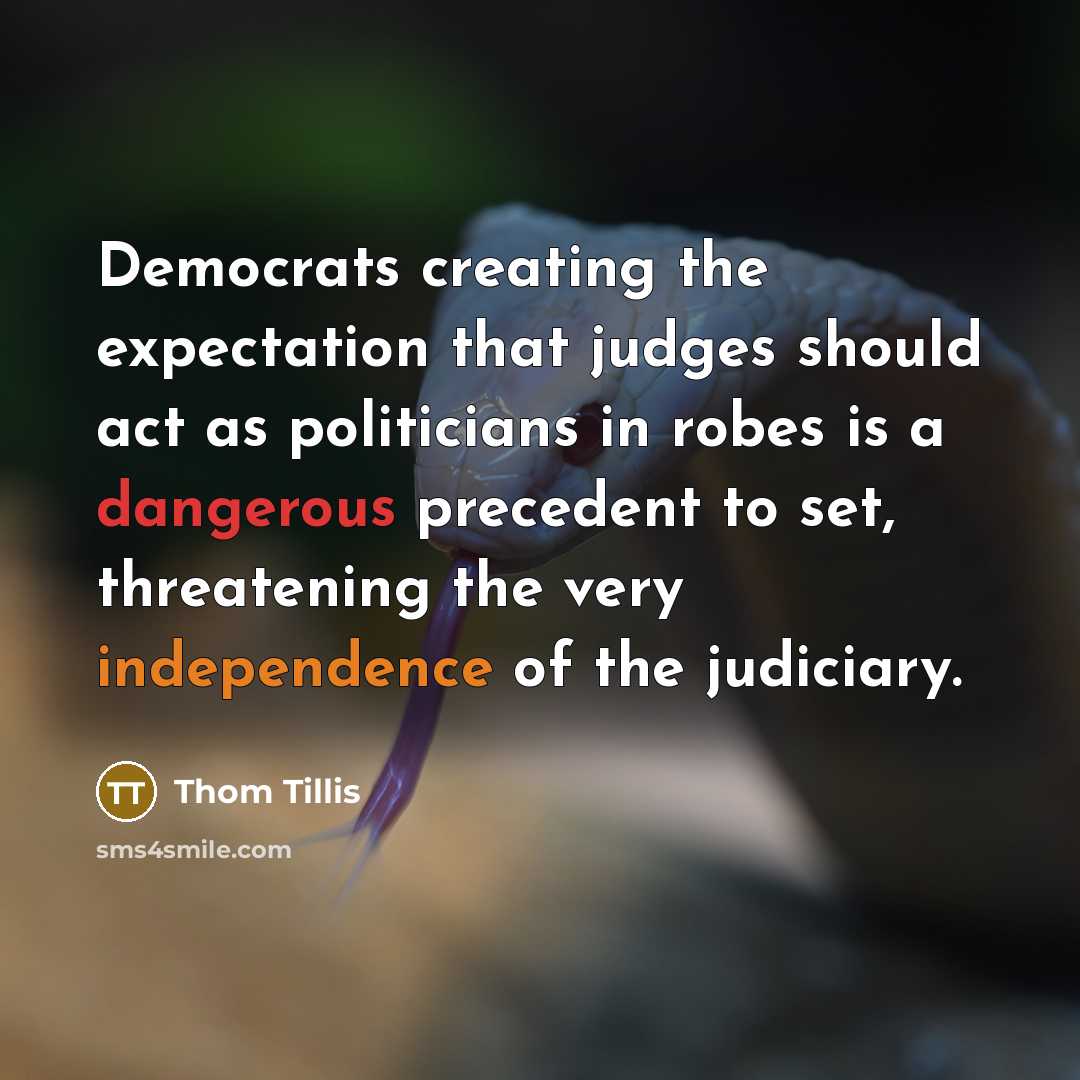 “Democrats creating the expectation that judges should act as politicians in robes is a dangerous precedent to set, threatening the very independence of the judiciary.” quote by Thom Tillis