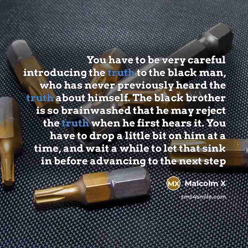 “You have to be very careful introducing the truth to the black man, who has never previously heard the truth about himself. The black brother is so brainwashed that he may reject the truth when he first hears it. You have to drop a little bit on him at a time, and wait a while to let that sink in…” quote by Malcolm X
