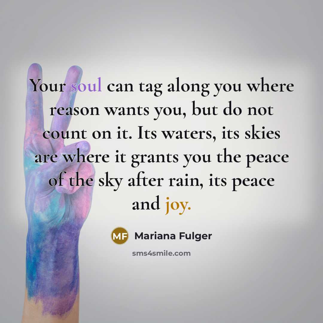 “Your soul can tag along you where reason wants you, but do not count on it. Its waters, its skies are where it grants you the peace of the sky after rain, its peace and joy.” quote by Mariana Fulger