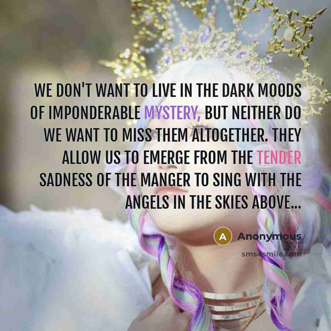 “We don't want to live in the dark moods of imponderable mystery, but neither do we want to miss them altogether. they allow us to emerge from the tender sadness of the manger to sing with the angels in the skies above...” quote by Anonymous