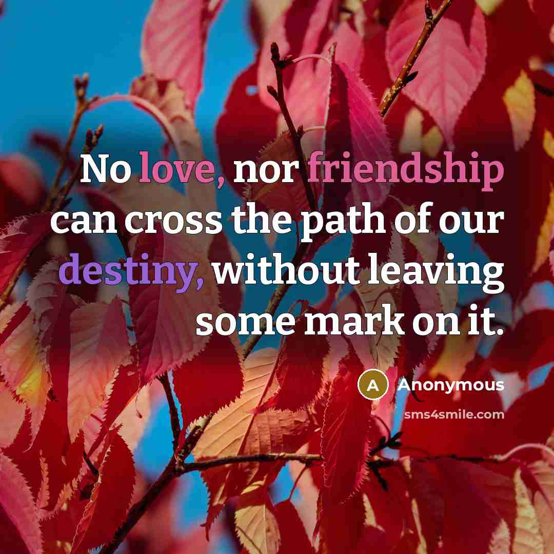 “No love, nor friendship can cross the path of our destiny, without leaving some mark on it.” quote by Anonymous