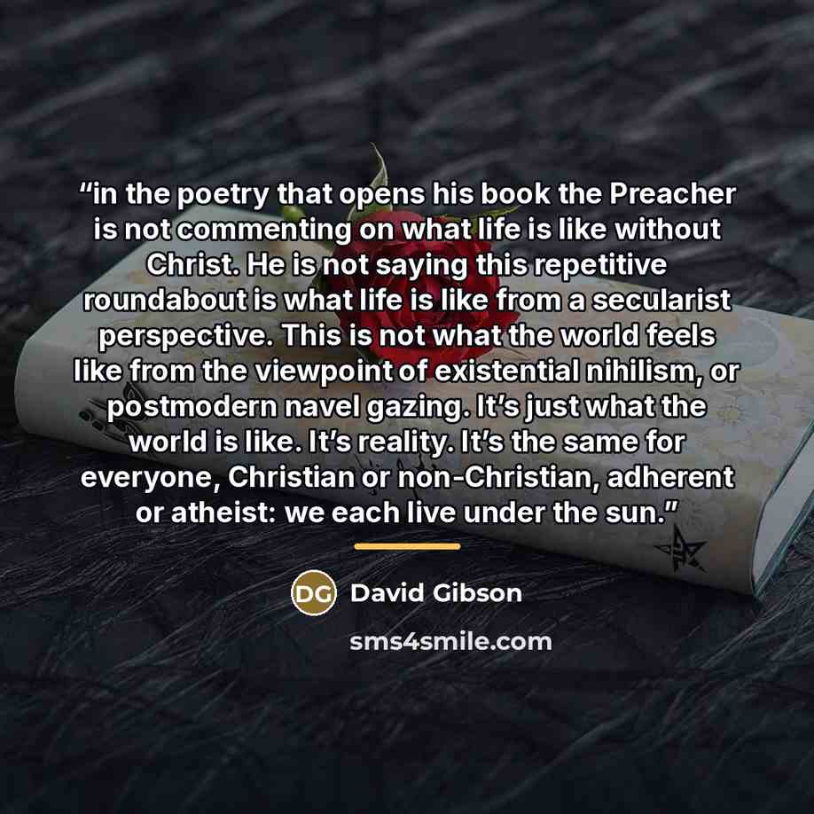 “in the poetry that opens his book the Preacher is not commenting on what life is like without Christ. He is not saying this repetitive roundabout is what life is like from a secularist perspective. This is not what the world feels like from the viewpoint of existential nihilism, or postmodern…” quote by David Gibson