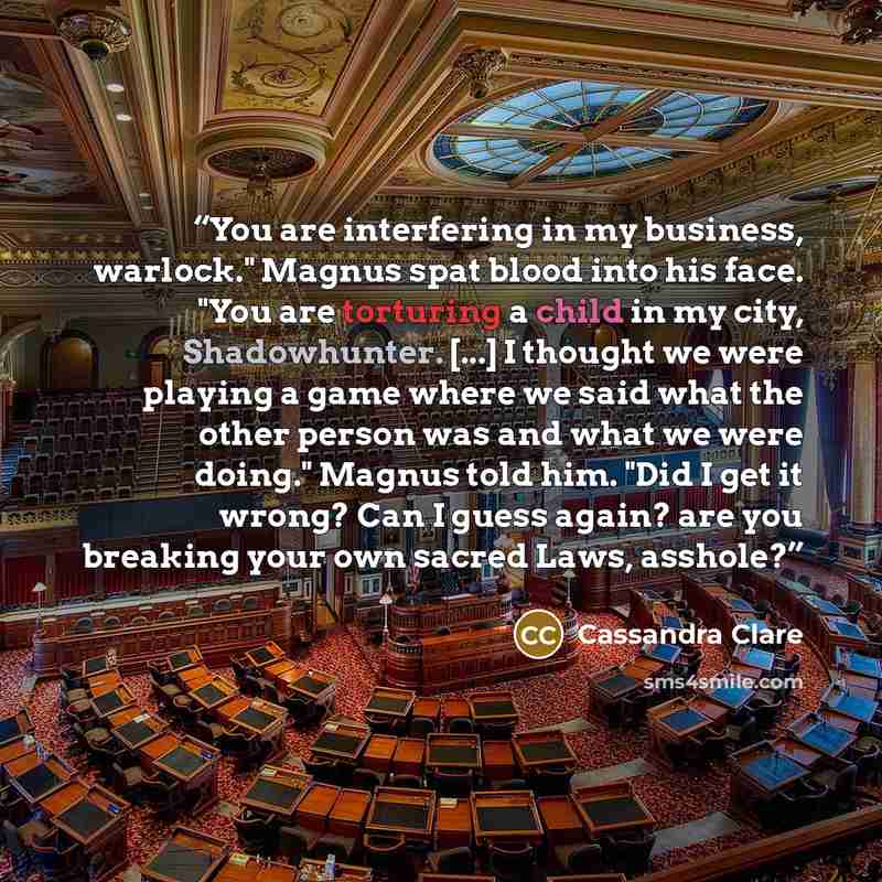 “You are interfering in my business, warlock." Magnus spat blood into his face. "You are torturing a child in my city, Shadowhunter. [...] I thought we were playing a game where we said what the other person was and what we were doing." Magnus told him. "Did I get it wrong? Can I guess again? are…” quote by Cassandra Clare