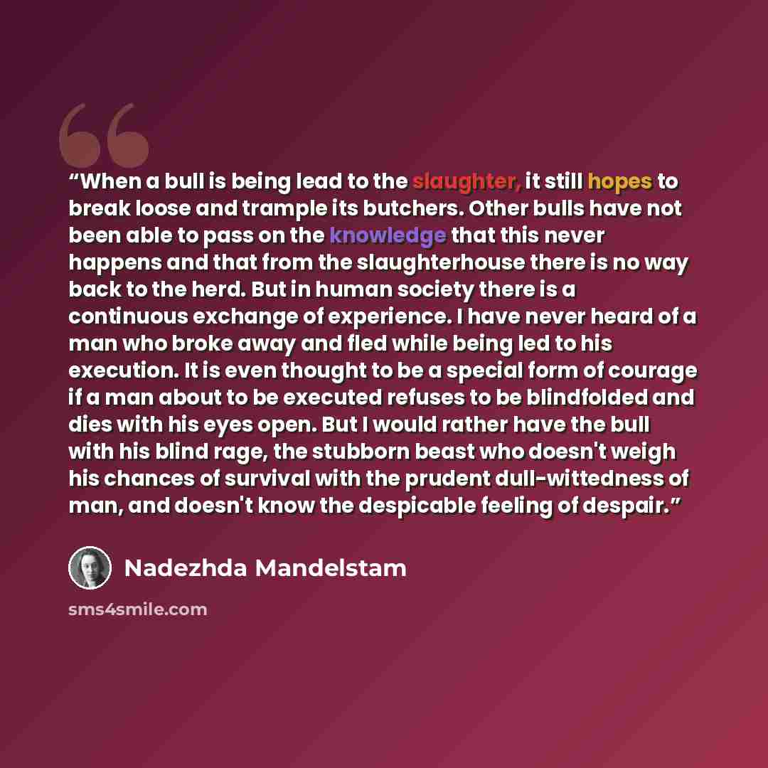 “When a bull is being lead to the slaughter, it still hopes to break loose and trample its butchers. Other bulls have not been able to pass on the knowledge that this never happens and that from the slaughterhouse there is no way back to the herd. But in human society there is a continuous exchange…” quote by Nadezhda Mandelstam