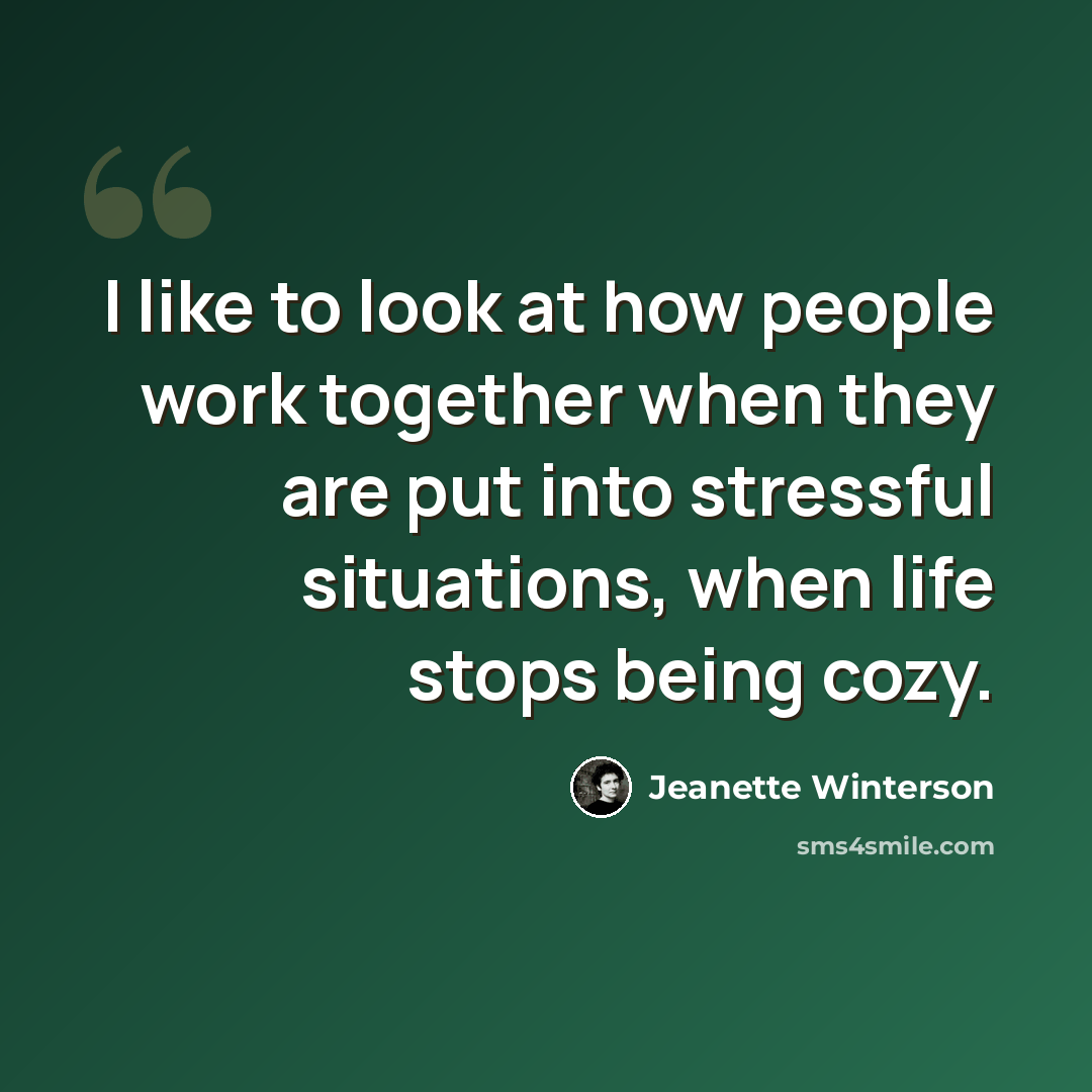 “I like to look at how people work together when they are put into stressful situations, when life stops being cozy.” quote by Jeanette Winterson