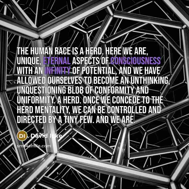 “The human race is a herd. Here we are, unique, eternal aspects of consciousness with an infinity of potential, and we have allowed ourselves to become an unthinking, unquestioning blob of conformity and uniformity. A herd. Once we concede to the herd mentality, we can be controlled and directed by…” quote by David Icke