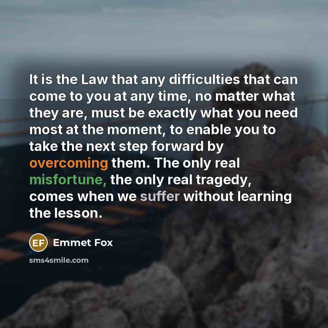 “It is the Law that any difficulties that can come to you at any time, no matter what they are, must be exactly what you need most at the moment, to enable you to take the next step forward by overcoming them. The only real misfortune, the only real tragedy, comes when we suffer without learning…” quote by Emmet Fox
