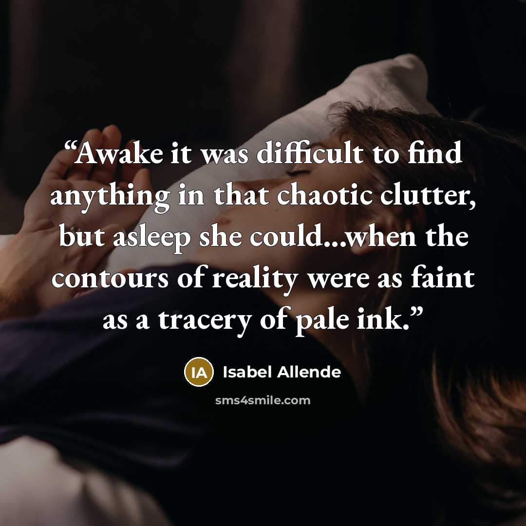 “Awake it was difficult to find anything in that chaotic clutter, but asleep she could...when the contours of reality were as faint as a tracery of pale ink.” quote by Isabel Allende