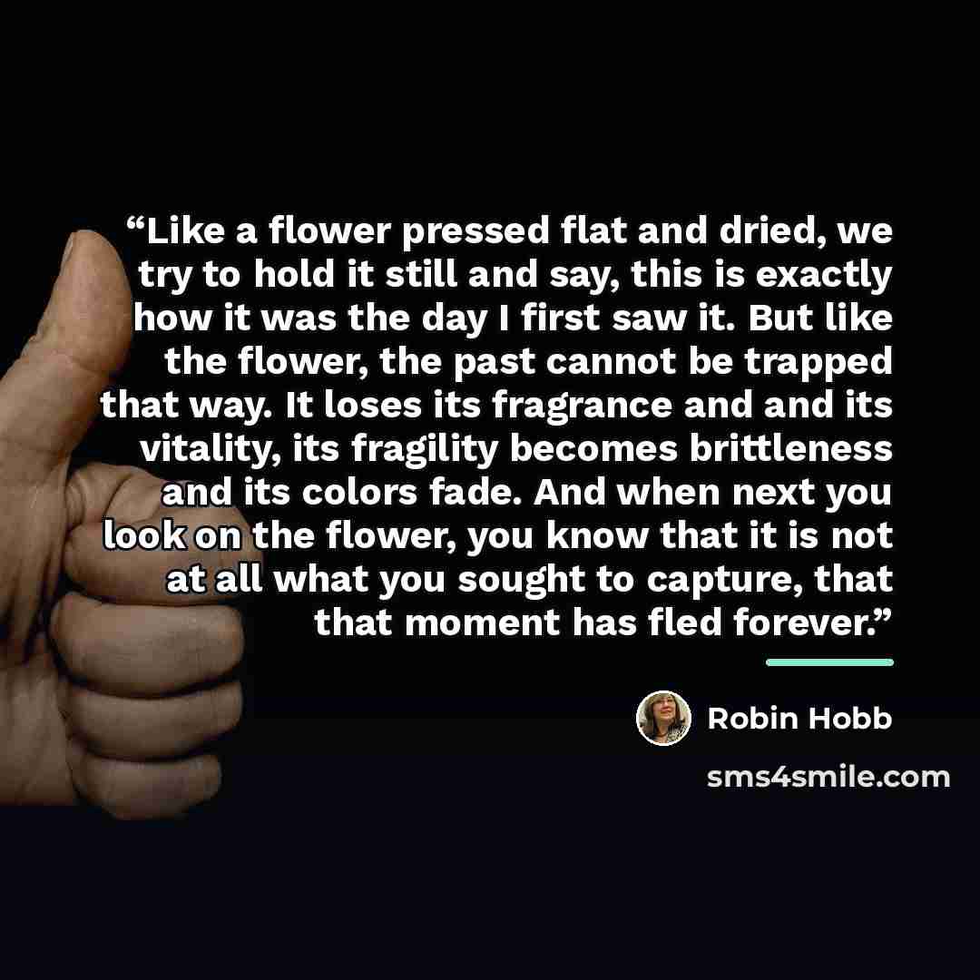 “Like a flower pressed flat and dried, we try to hold it still and say, this is exactly how it was the day I first saw it. But like the flower, the past cannot be trapped that way. It loses its fragrance and and its vitality, its fragility becomes brittleness and its colors fade. And when next you…” quote by Robin Hobb
