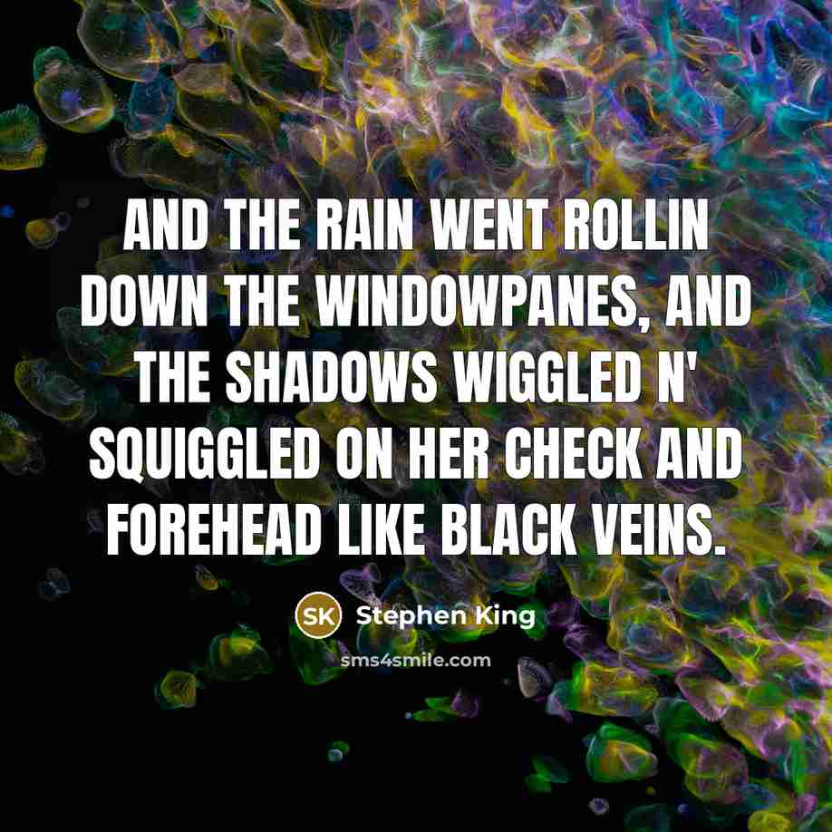 “and the rain went rollin down the windowpanes, and the shadows wiggled n' squiggled on her check and forehead like black veins.” quote by Stephen King