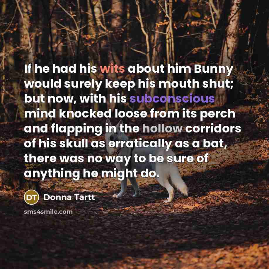 “If he had his wits about him Bunny would surely keep his mouth shut; but now, with his subconscious mind knocked loose from its perch and flapping in the hollow corridors of his skull as erratically as a bat, there was no way to be sure of anything he might do.” quote by Donna Tartt