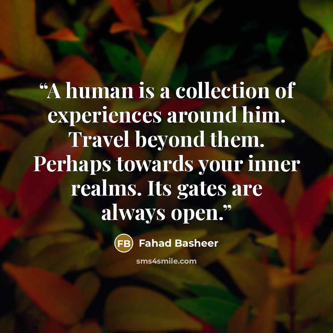 “A human is a collection of experiences around him. Travel beyond them. Perhaps towards your inner realms. Its gates are always open.” quote by Fahad Basheer