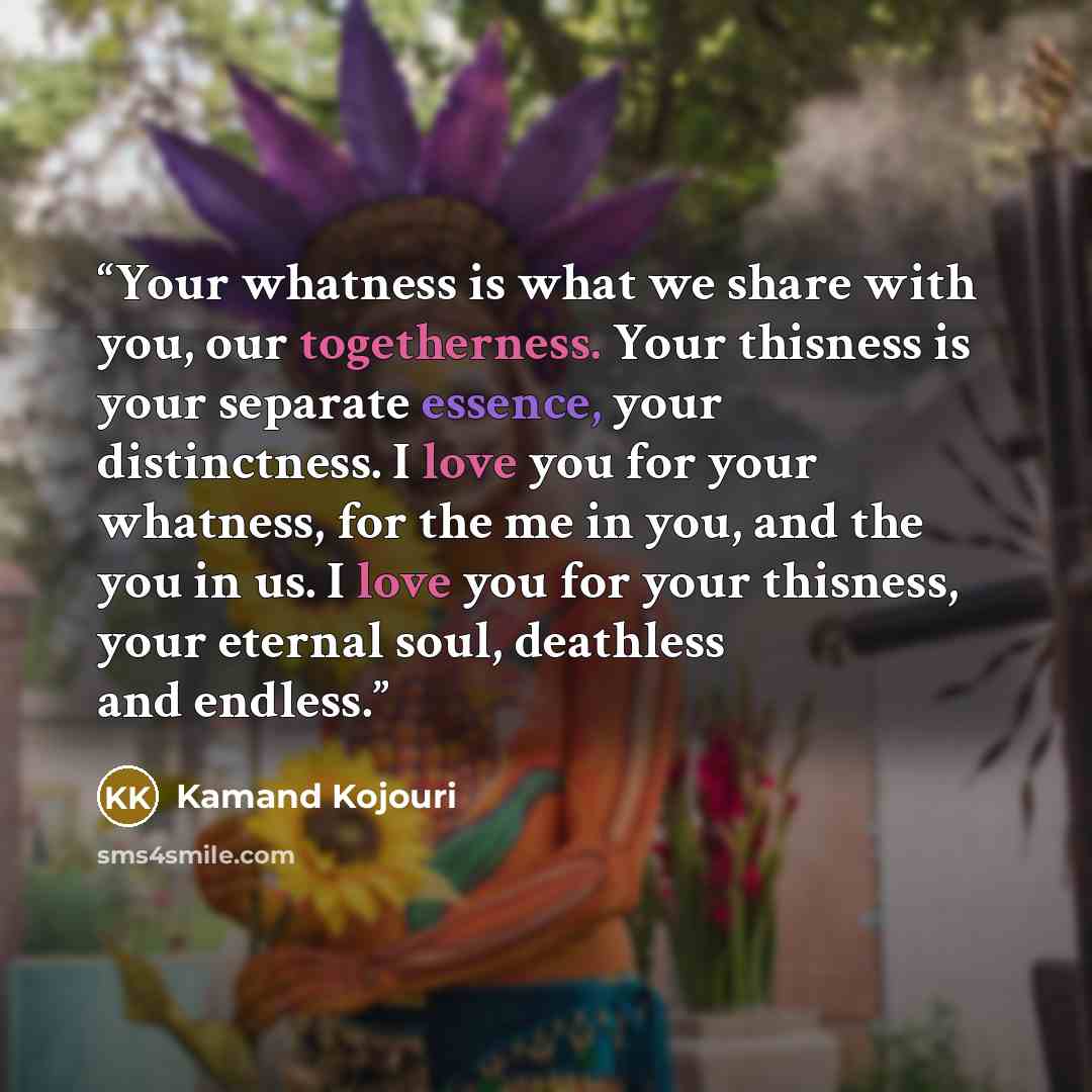 “Your whatness is what we share with you, our togetherness. Your thisness is your separate essence, your distinctness. I love you for your whatness, for the me in you, and the you in us. I love you for your thisness, your eternal soul, deathless and endless.” quote by Kamand Kojouri