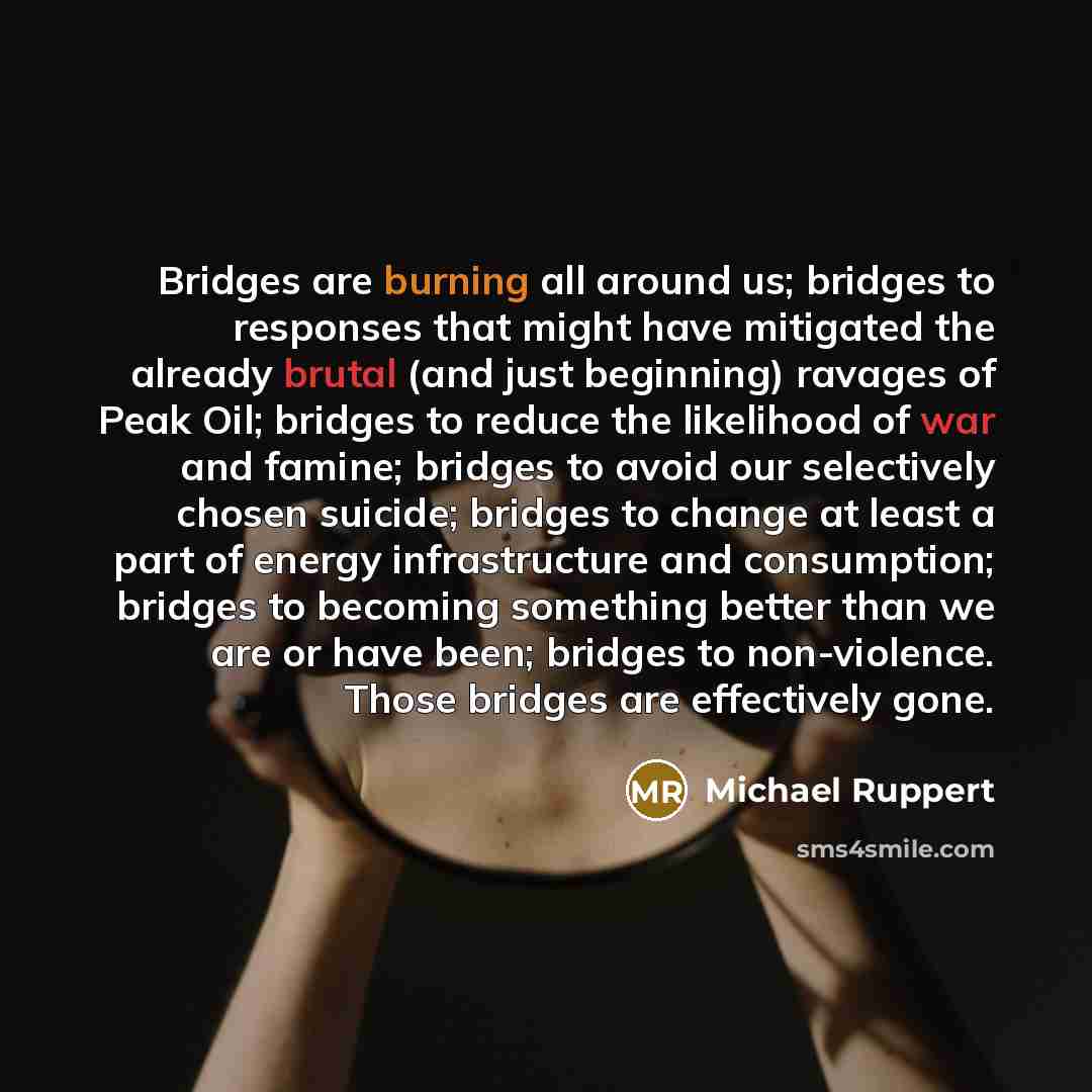 “Bridges are burning all around us; bridges to responses that might have mitigated the already brutal (and just beginning) ravages of Peak Oil; bridges to reduce the likelihood of war and famine; bridges to avoid our selectively chosen suicide; bridges to change at least a part of energy…” quote by Michael Ruppert