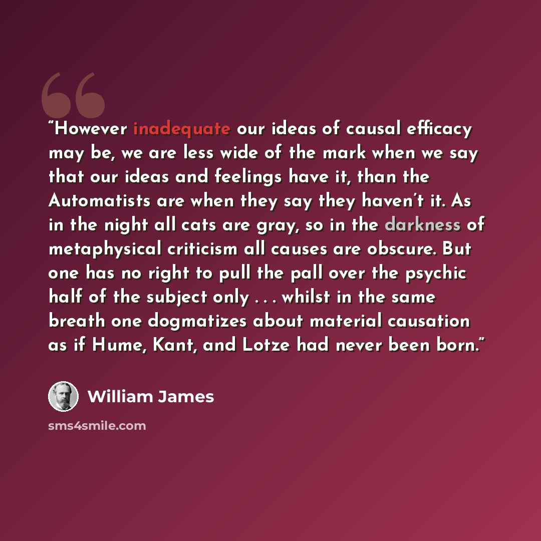 “However inadequate our ideas of causal efficacy may be, we are less wide of the mark when we say that our ideas and feelings have it, than the Automatists are when they say they haven’t it. As in the night all cats are gray, so in the darkness of metaphysical criticism all causes are obscure. But…” quote by William James