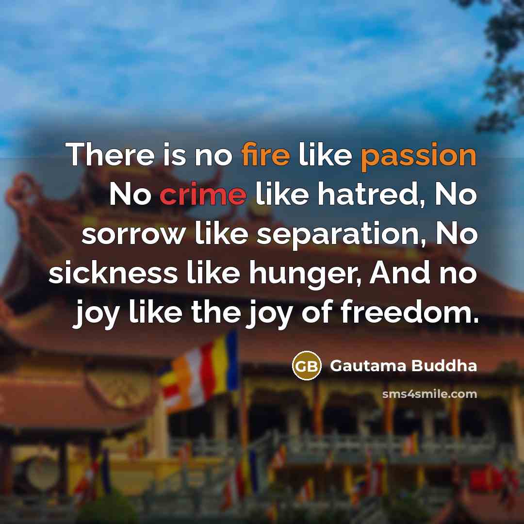 “There is no fire like passion No crime like hatred, No sorrow like separation, No sickness like hunger, And no joy like the joy of freedom.” quote by Gautama Buddha
