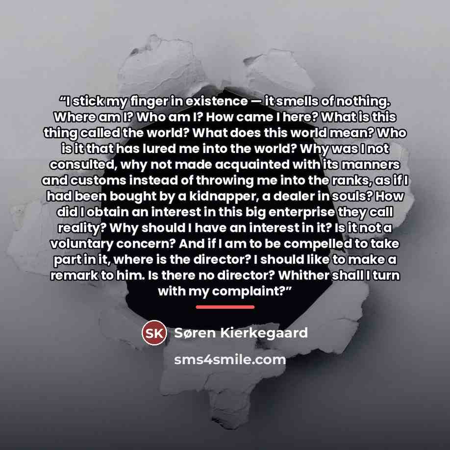 “I stick my finger in existence — it smells of nothing. Where am I? Who am I? How came I here? What is this thing called the world? What does this world mean? Who is it that has lured me into the world? Why was I not consulted, why not made acquainted with its manners and customs instead of…” quote by Søren Kierkegaard