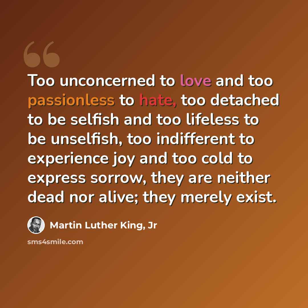 “Too unconcerned to love and too passionless to hate, too detached to be selfish and too lifeless to be unselfish, too indifferent to experience joy and too cold to express sorrow, they are neither dead nor alive; they merely exist.” quote by Martin Luther King, Jr