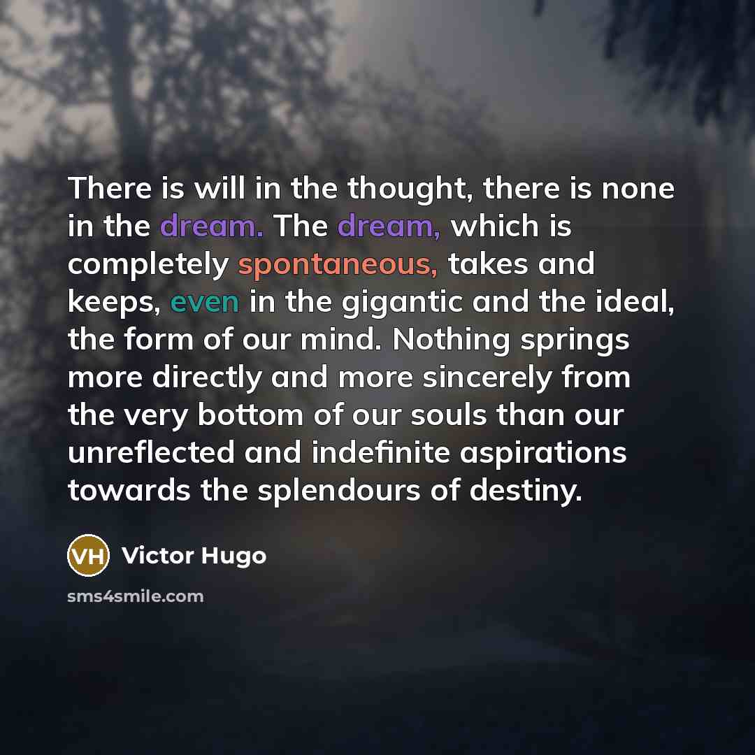 “There is will in the thought, there is none in the dream. The dream, which is completely spontaneous, takes and keeps, even in the gigantic and the ideal, the form of our mind. Nothing springs more directly and more sincerely from the very bottom of our souls than our unreflected and indefinite…” quote by Victor Hugo