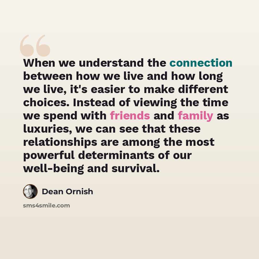 “When we understand the connection between how we live and how long we live, it's easier to make different choices. Instead of viewing the time we spend with friends and family as luxuries, we can see that these relationships are among the most powerful determinants of our well-being and survival.” quote by Dean Ornish