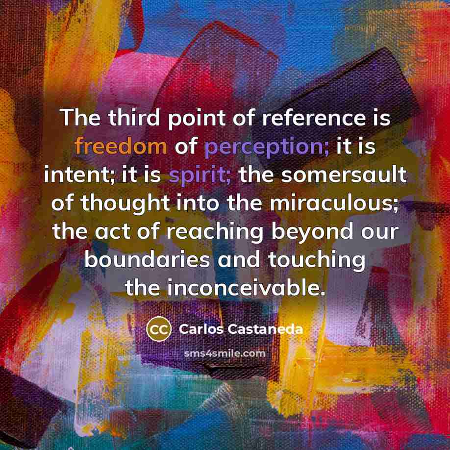 “The third point of reference is freedom of perception; it is intent; it is spirit; the somersault of thought into the miraculous; the act of reaching beyond our boundaries and touching the inconceivable.” quote by Carlos Castaneda