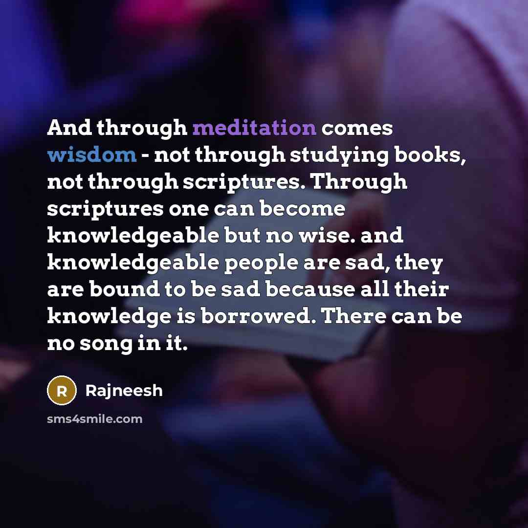 “And through meditation comes wisdom - not through studying books, not through scriptures. Through scriptures one can become knowledgeable but no wise. and knowledgeable people are sad, they are bound to be sad because all their knowledge is borrowed. There can be no song in it.” quote by Rajneesh