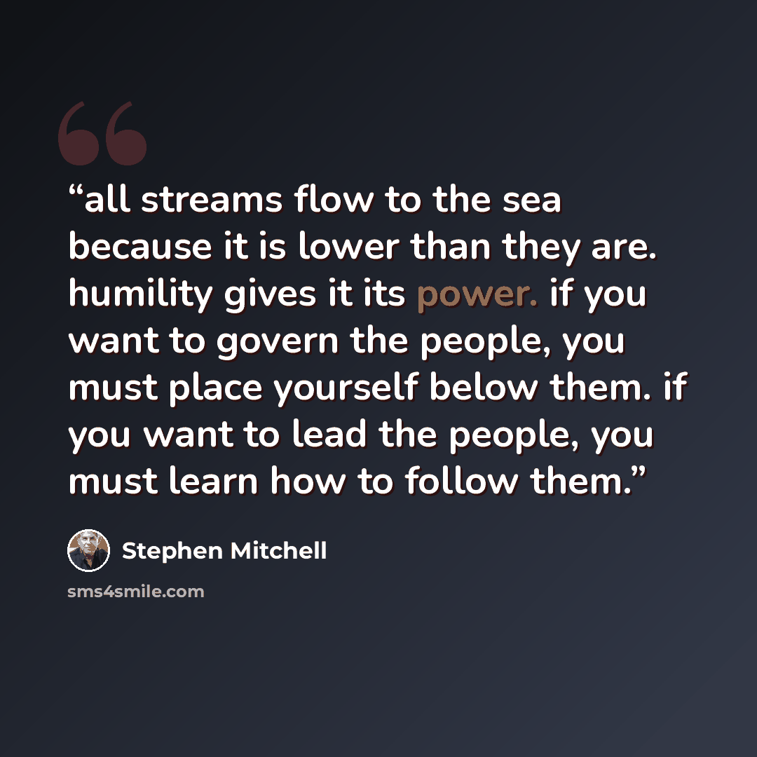 “all streams flow to the sea because it is lower than they are. humility gives it its power. if you want to govern the people, you must place yourself below them. if you want to lead the people, you must learn how to follow them.” quote by Stephen Mitchell