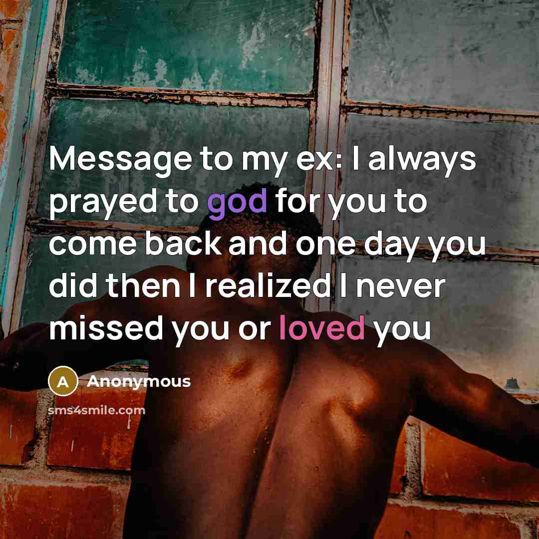 “Message to my ex: I always prayed to god for you to come back and one day you did then I realized I never missed you or loved you” quote by Anonymous