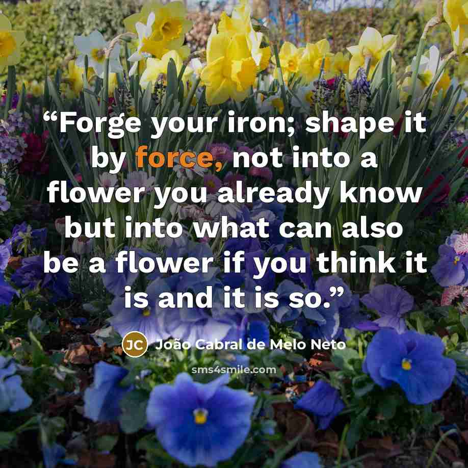 “Forge your iron; shape it by force, not into a flower you already know but into what can also be a flower if you think it is and it is so.” quote by João Cabral de Melo Neto
