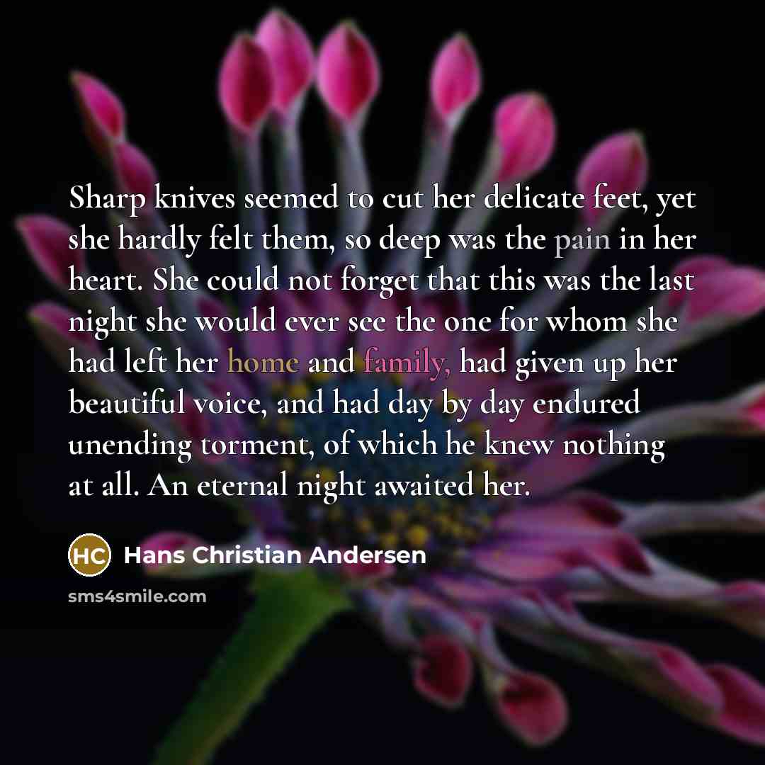 “Sharp knives seemed to cut her delicate feet, yet she hardly felt them, so deep was the pain in her heart. She could not forget that this was the last night she would ever see the one for whom she had left her home and family, had given up her beautiful voice, and had day by day endured unending…” quote by Hans Christian Andersen