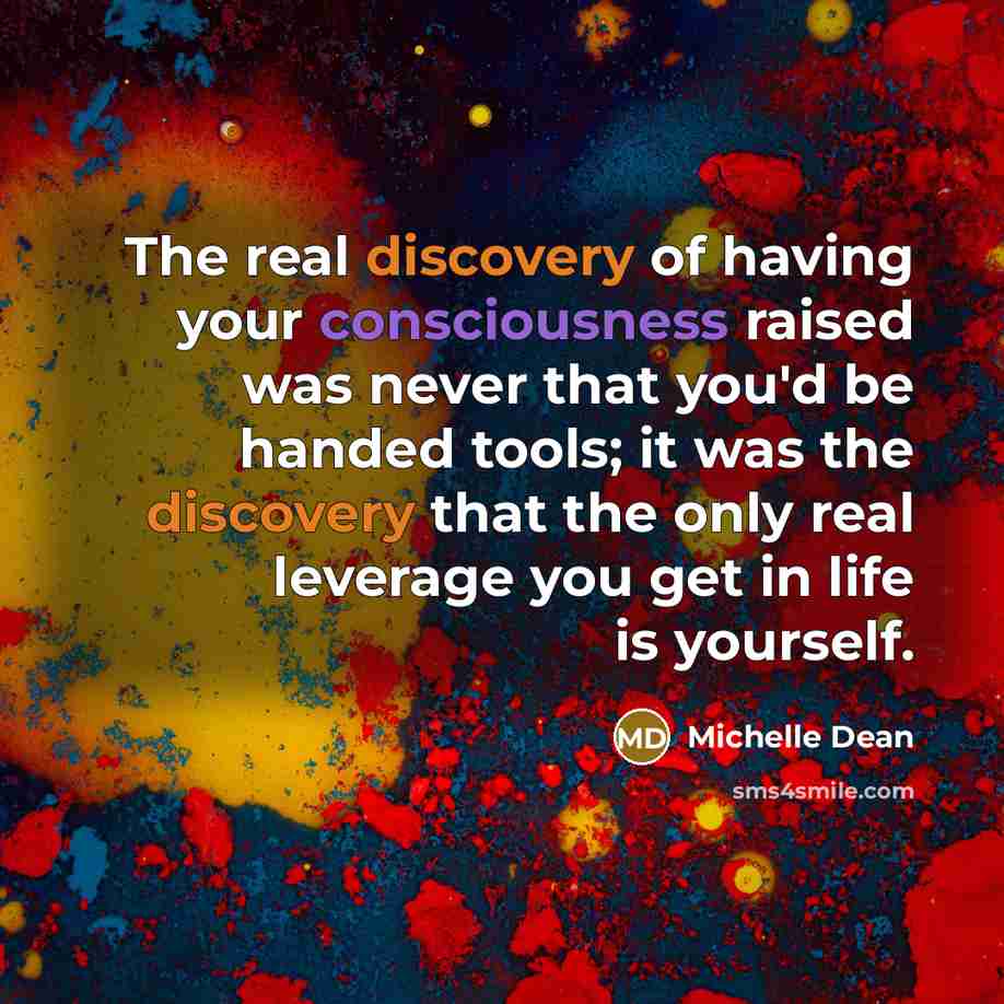 “The real discovery of having your consciousness raised was never that you'd be handed tools; it was the discovery that the only real leverage you get in life is yourself.” quote by Michelle Dean