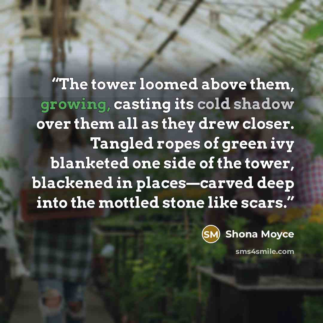 “The tower loomed above them, growing, casting its cold shadow over them all as they drew closer. Tangled ropes of green ivy blanketed one side of the tower, blackened in places—carved deep into the mottled stone like scars.” quote by Shona Moyce