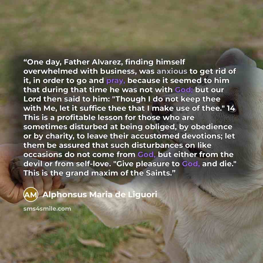 “One day, Father Alvarez, finding himself overwhelmed with business, was anxious to get rid of it, in order to go and pray, because it seemed to him that during that time he was not with God; but our Lord then said to him: "Though I do not keep thee with Me, let it suffice thee that I make use of…” quote by Alphonsus Maria de Liguori