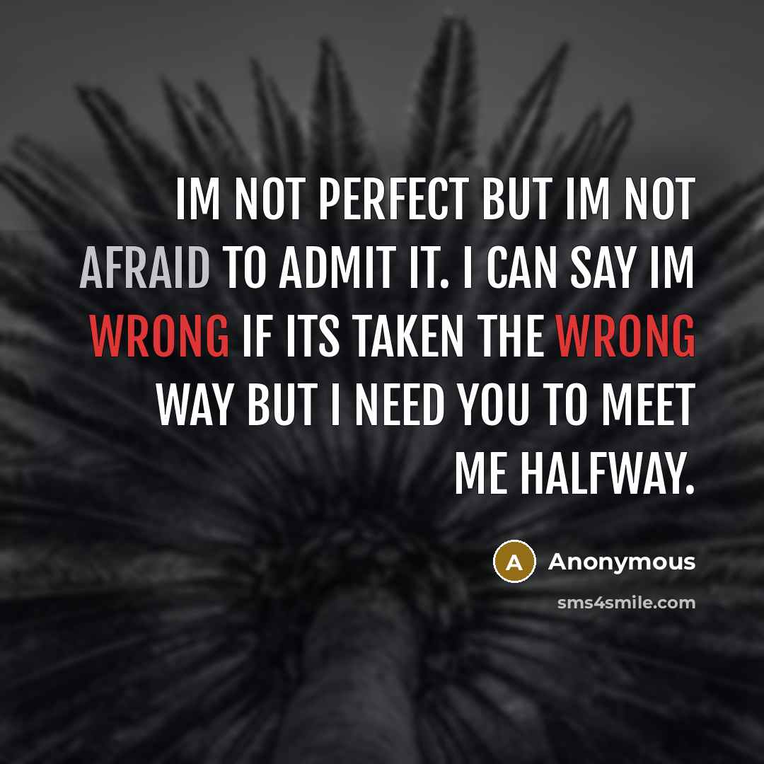 “Im not perfect but Im not afraid to admit it. I can say Im wrong if its taken the wrong way but I need you to meet me halfway.” quote by Anonymous
