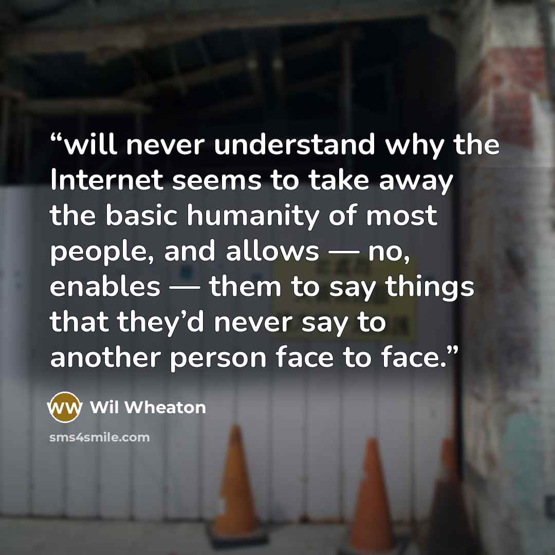 “will never understand why the Internet seems to take away the basic humanity of most people, and allows — no, enables — them to say things that they’d never say to another person face to face.” quote by Wil Wheaton