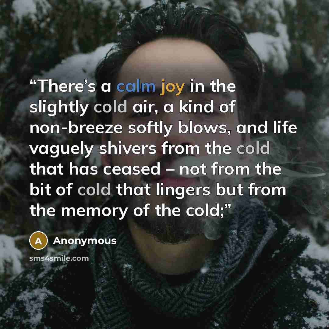 “There’s a calm joy in the slightly cold air, a kind of non-breeze softly blows, and life vaguely shivers from the cold that has ceased – not from the bit of cold that lingers but from the memory of the cold;” quote by Anonymous