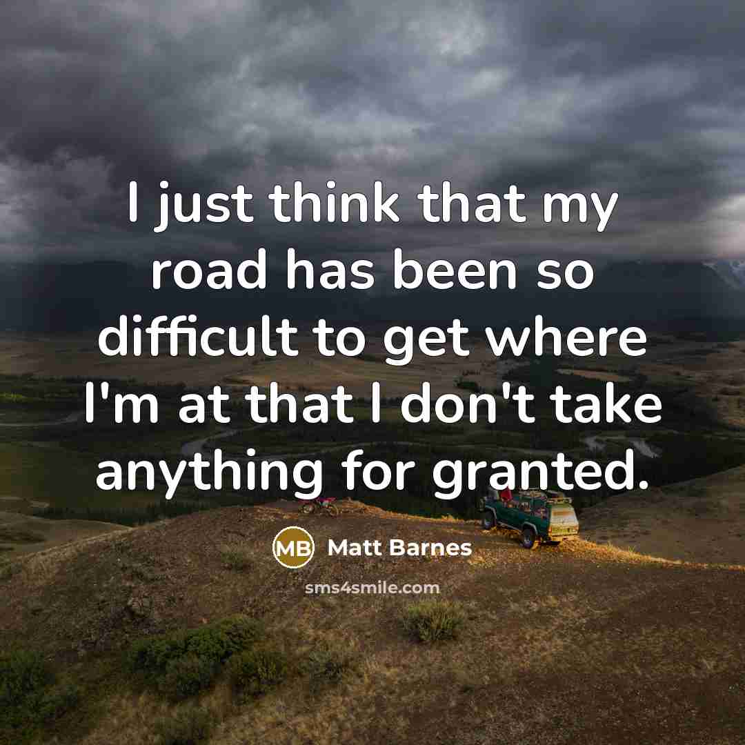 “I just think that my road has been so difficult to get where I'm at that I don't take anything for granted.” quote by Matt Barnes