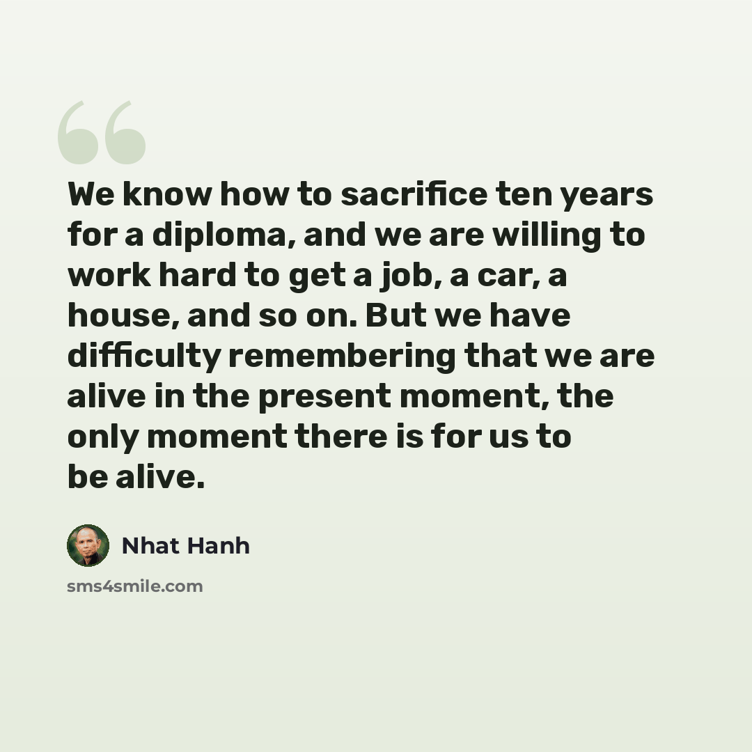 “We know how to sacrifice ten years for a diploma, and we are willing to work hard to get a job, a car, a house, and so on. But we have difficulty remembering that we are alive in the present moment, the only moment there is for us to be alive.” quote by Nhat Hanh
