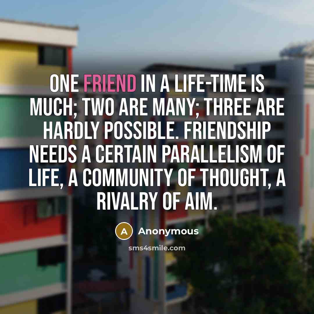 “One friend in a life-time is much; two are many; three are hardly possible. Friendship needs a certain parallelism of life, a community of thought, a rivalry of aim.” quote by Anonymous