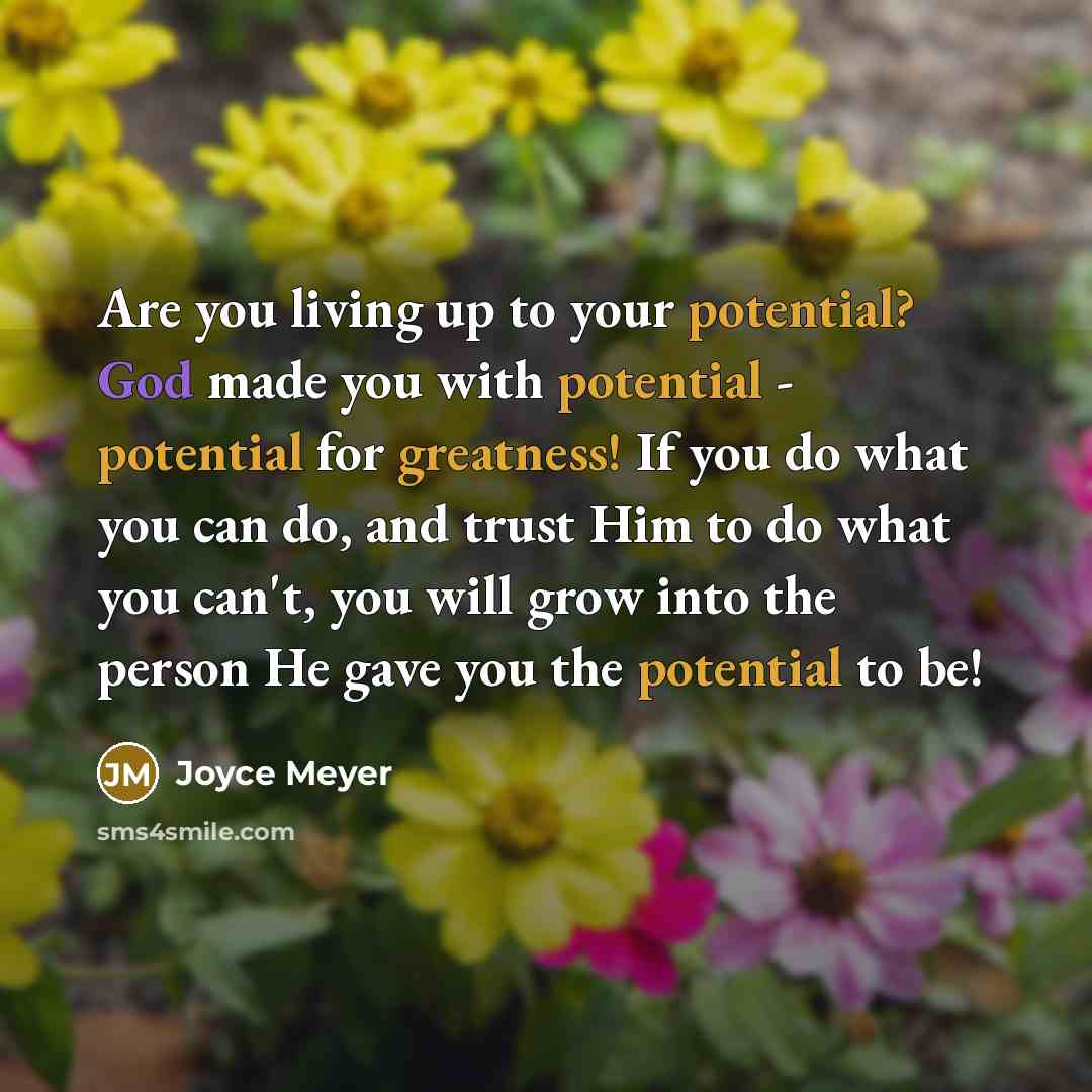 “Are you living up to your potential? God made you with potential - potential for greatness! If you do what you can do, and trust Him to do what you can't, you will grow into the person He gave you the potential to be!” quote by Joyce Meyer