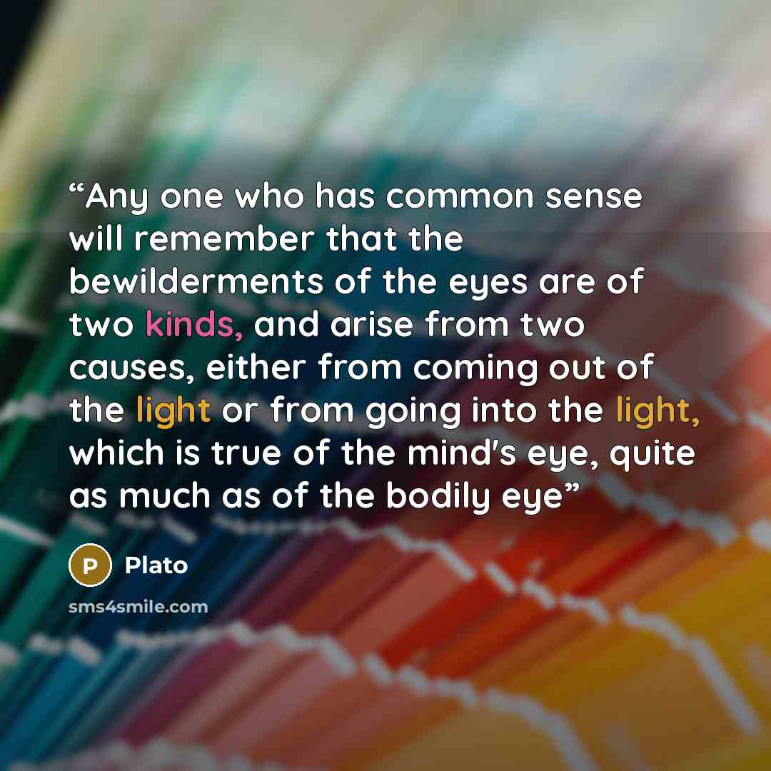 “Any one who has common sense will remember that the bewilderments of the eyes are of two kinds, and arise from two causes, either from coming out of the light or from going into the light, which is true of the mind's eye, quite as much as of the bodily eye” quote by Plato