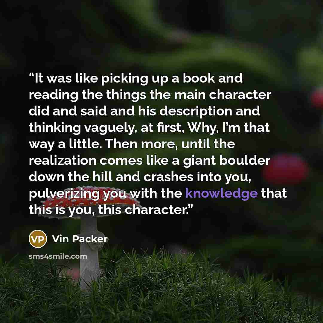 “It was like picking up a book and reading the things the main character did and said and his description and thinking vaguely, at first, Why, I’m that way a little. Then more, until the realization comes like a giant boulder down the hill and crashes into you, pulverizing you with the knowledge…” quote by Vin Packer