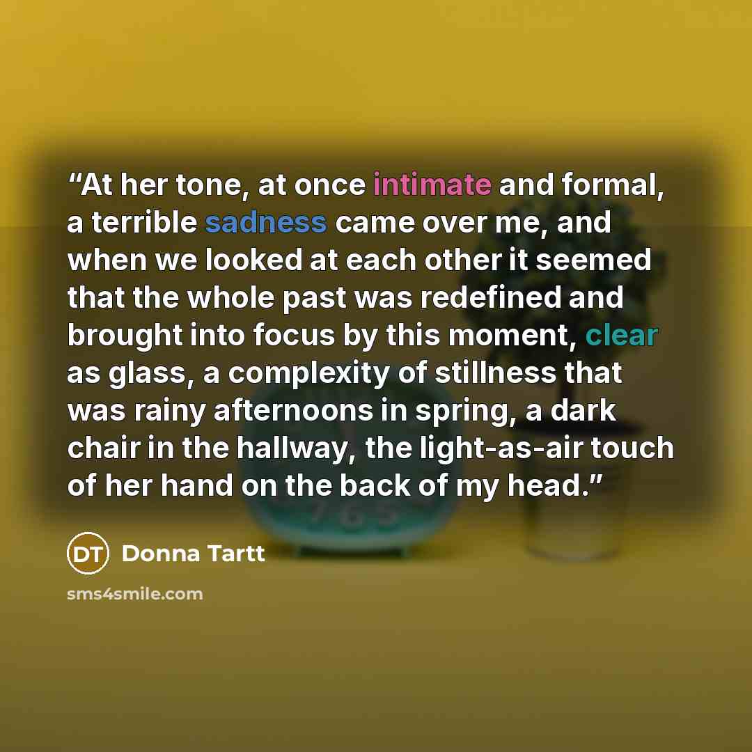 “At her tone, at once intimate and formal, a terrible sadness came over me, and when we looked at each other it seemed that the whole past was redefined and brought into focus by this moment, clear as glass, a complexity of stillness that was rainy afternoons in spring, a dark chair in the hallway…” quote by Donna Tartt