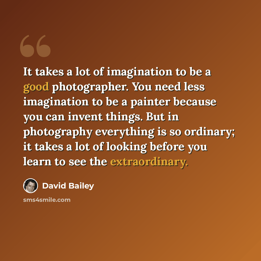 “It takes a lot of imagination to be a good photographer. You need less imagination to be a painter because you can invent things. But in photography everything is so ordinary; it takes a lot of looking before you learn to see the extraordinary.” quote by David Bailey