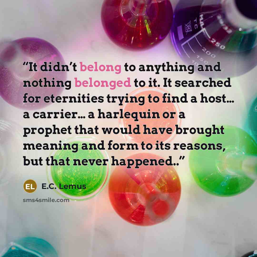 “It didn’t belong to anything and nothing belonged to it. It searched for eternities trying to find a host… a carrier… a harlequin or a prophet that would have brought meaning and form to its reasons, but that never happened..” quote by E.C. Lemus
