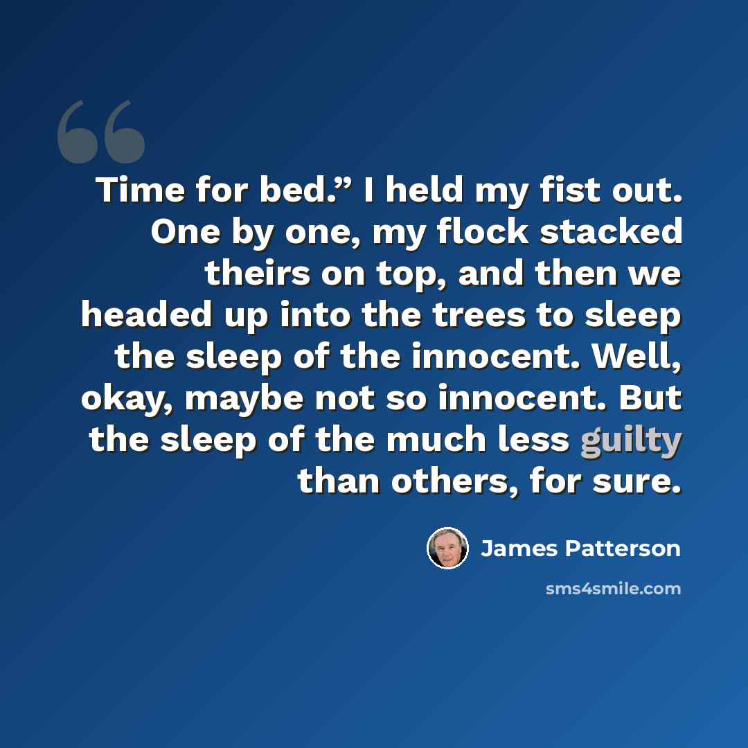 “Time for bed.” I held my fist out. One by one, my flock stacked theirs on top, and then we headed up into the trees to sleep the sleep of the innocent. Well, okay, maybe not so innocent. But the sleep of the much less guilty than others, for sure.” quote by James Patterson