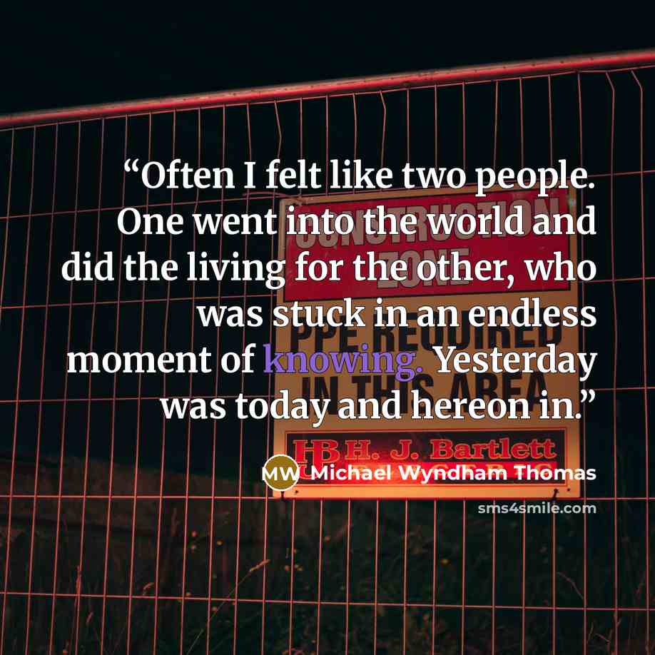 “Often I felt like two people. One went into the world and did the living for the other, who was stuck in an endless moment of knowing. Yesterday was today and hereon in.” quote by Michael Wyndham Thomas