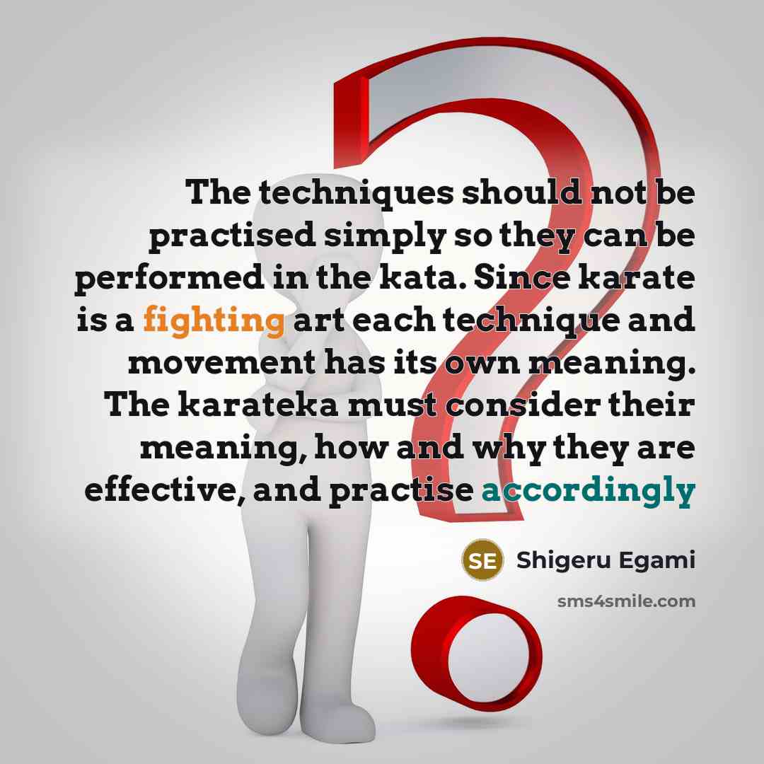 “The techniques should not be practised simply so they can be performed in the kata. Since karate is a fighting art each technique and movement has its own meaning. The karateka must consider their meaning, how and why they are effective, and practise accordingly” quote by Shigeru Egami